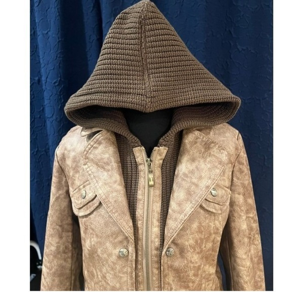 Montana Co Faux Leather Jacket Women Small Tan Brown Pleated Lace Hooded BF722 S